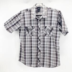 BKE brown plaid button down short sleeve snap buttons Western modern rodeo